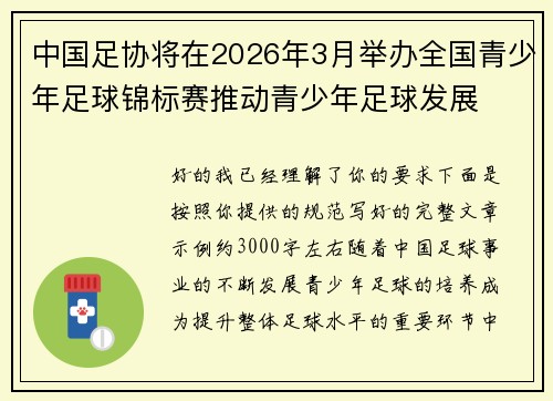 中国足协将在2026年3月举办全国青少年足球锦标赛推动青少年足球发展 中国足协将在2026年3月举办全国青少年足球锦标赛推动青少年足球发展