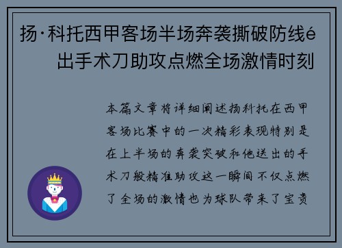 扬·科托西甲客场半场奔袭撕破防线送出手术刀助攻点燃全场激情时刻